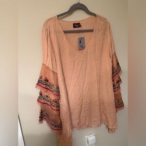Boho Peasant Tunic Peach V-Neck Tunic with Embroidered Layered Bell Sleeves NWT